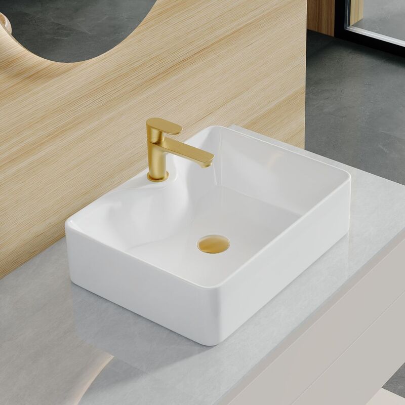 Vasque Rectangulaire à Trou pour Robinet Céramique Blanc pour Salle de Bain - 48 x 37 x 13,5cm, ERI-VB-052