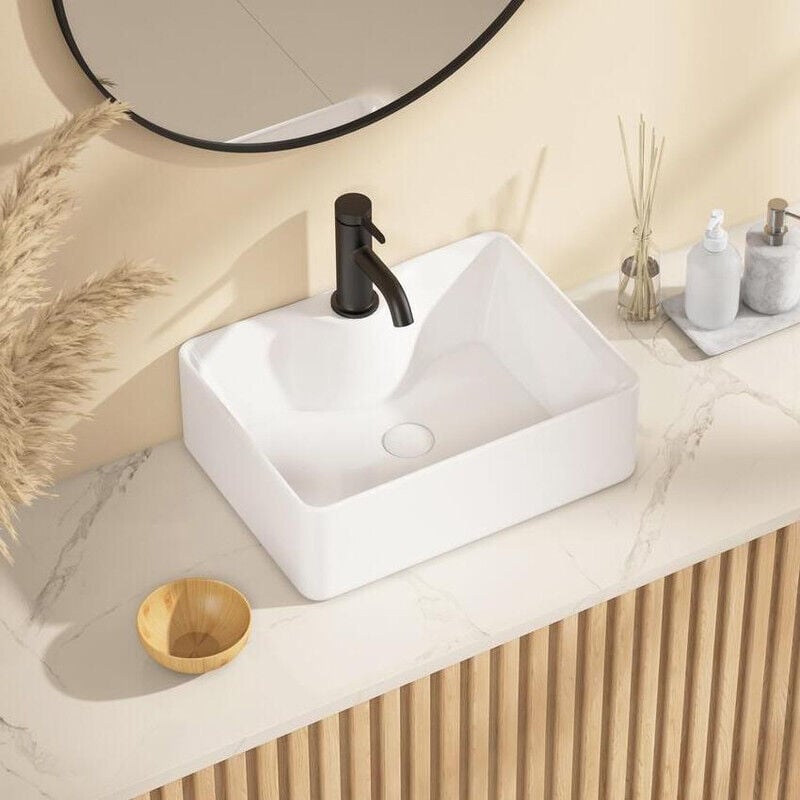 Vasque Rectangulaire à Trou pour Robinet Céramique Blanc pour Salle de Bain - 40 x 30 x 13cm, ERI-VB-051