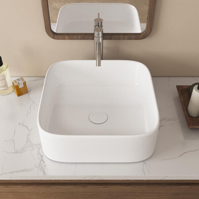 Vasque Poser Lavabo de salle de bain Céramique Rectangulaire Blanc - 39 x 39 x 14cm, ERI-VB-016