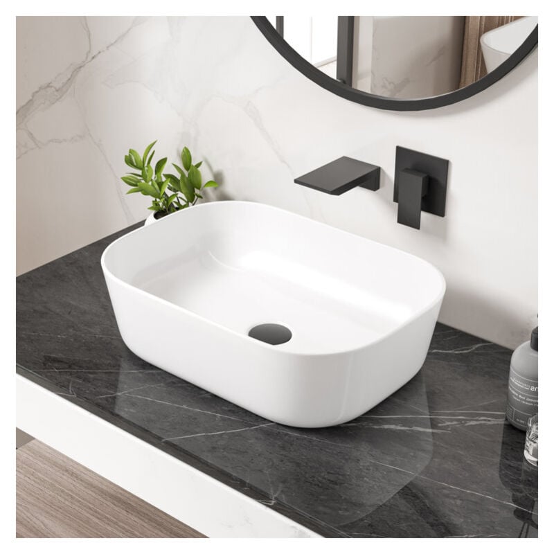 Vasque Poser Lavabo de salle de bain Céramique Rectangulaire Blanc – 46,5 x 32,5 x 13,5cm, ERI-VB-021