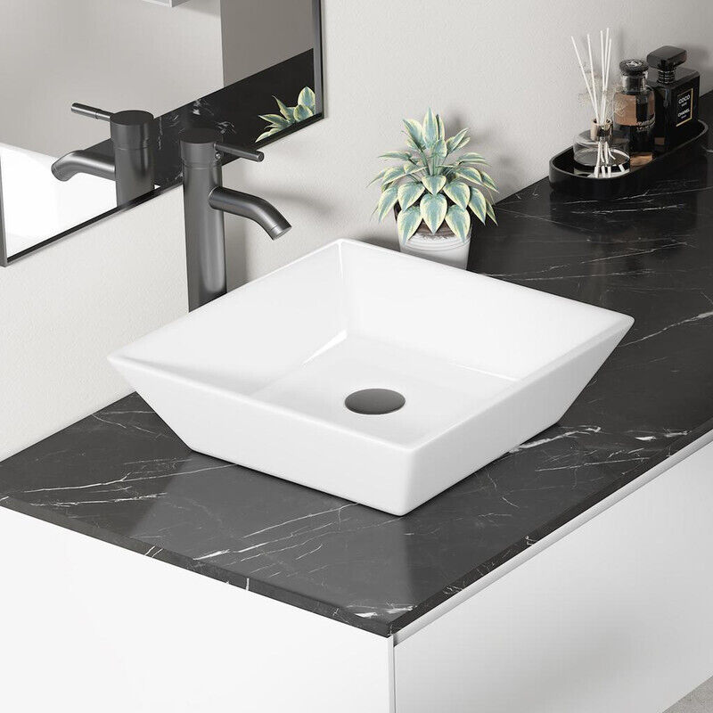 Vasque Poser Lavabo de salle de bain Céramique Carrée Blanc - 41,5 x41,5 x12cm, ERI-VB-014