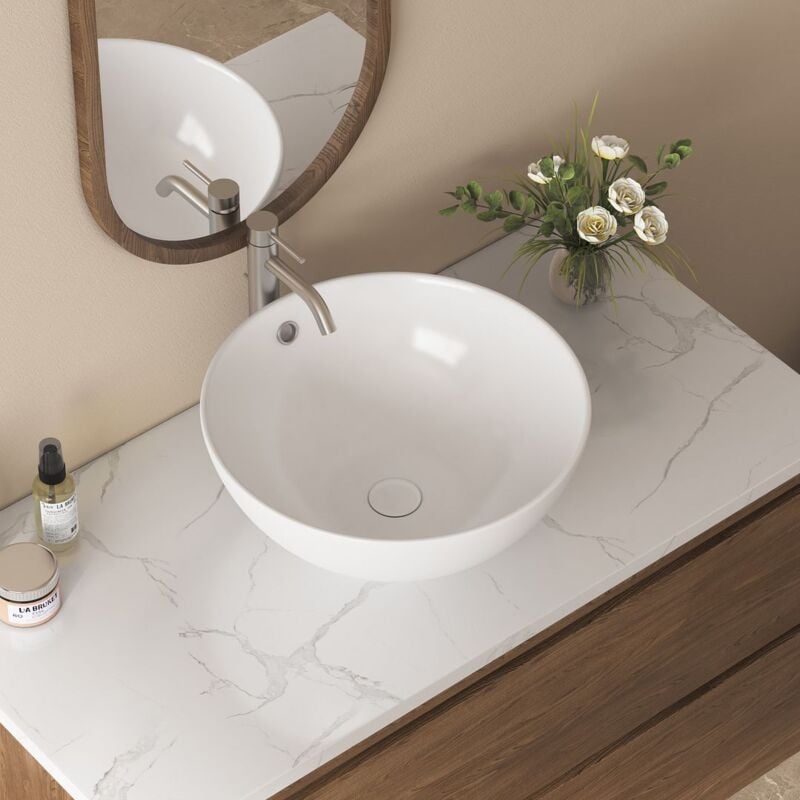 Vasque Poser Lavabo de salle de bain Céramique Rond Blanc - 43 x43 x17,5cm, ERI-VB-033