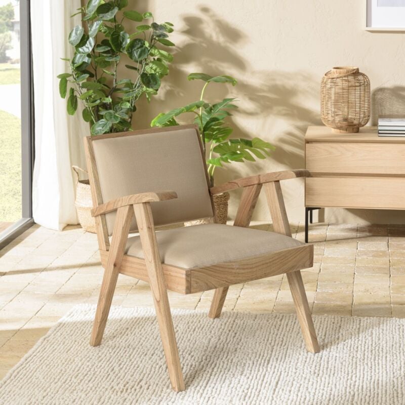 Eris - Fauteuil en Mindi, assise en tissu beige texturé