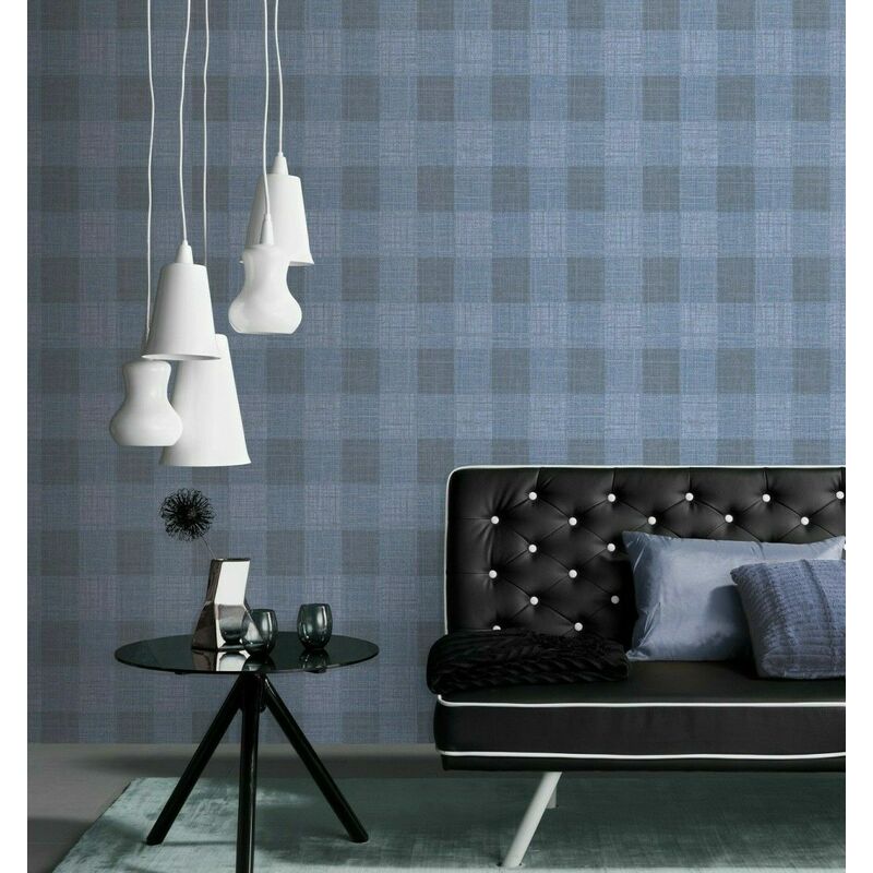 Blue Black Grey Check Tartan Glitter Textured Vinyl Wallpaper - Blue - Erismann