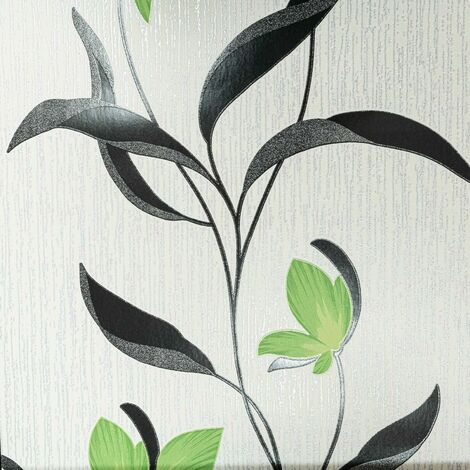 Erismann Floral Trail Green Flowers Black Leaf White Glitter Vinyl Wallpaper - Green, Black, White