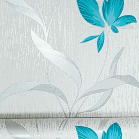Erismann White Silver Teal Floral Metallic Shimmer Glitter Textured Wallpaper - Blue