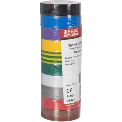 ERKO Nastro Isolante elettrico multicolore 15 mm x 10 m 10 Pezzi, PVC Per isolare, Riparare e legare, nastro adesivo, Per tensioni fino a 6 kv, elettrici professionali, flessibile