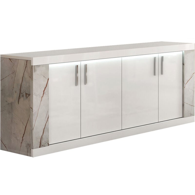 Altobuy - eros - Buffet 4 Portes Blanc Eclairage Led intégré avec Décor Latéral Aspect Marbre