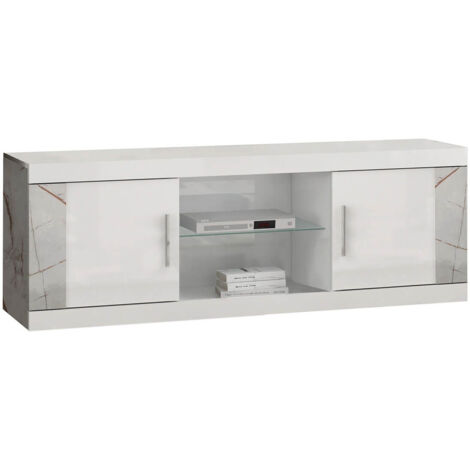 EROS - Meuble TV 2 Portes et 2 Niches Blanc avec Décor Latéral Aspect Marbre