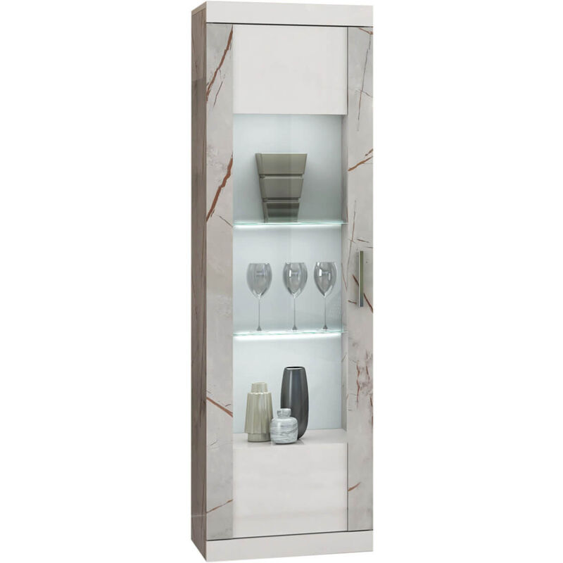 Altobuy - eros - Vitrine 1 Porte Blanc Eclairage Led intégré avec Décor Latéral Aspect Marbre