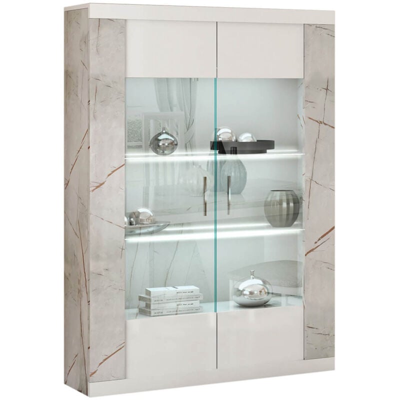 Altobuy - eros - Vitrine 2 Portes Blanc Eclairage Led intégré avec Décor Latéral Aspect Marbre