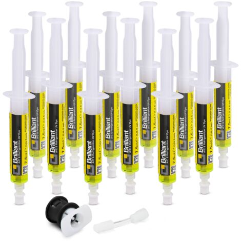 Errecom Brilliant - 12 x 7,5 ml, Tracciante Fluorescente UV per individuare Perdite di Gas Refrigerante negli Impianti di Climatizzazione Auto, include adattatore per gas refrigerante R134a