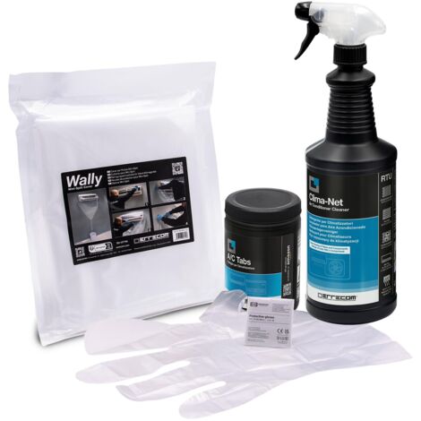 ERRECOM Kit pulizia climatizzatori, include Clima-Net 1L detergente pulizia unità interna e filtri, cover protettiva Wally, A/C Tabs 40 pastiglie climatizzatore ad azione prolungata, guanti inclusi