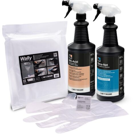 Errecom Kit pulizia climatizzatori, include Clima-Net 1L detergente pulizia unità interna e filtri, cover protettiva Wally, Bio Acid 1L detergente acido biodegradabile pulizia unità esterna, guanti