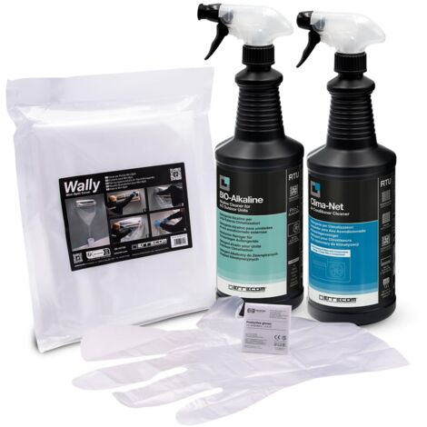 ERRECOM Kit Pulizia climatizzatori, Include Clima-Net 1L detergente Pulizia unità Interna e filtri, Cover Protettiva Wally, Bio Alkaline 1L detergente alcalino bio Pulizia unità Esterna, Guanti