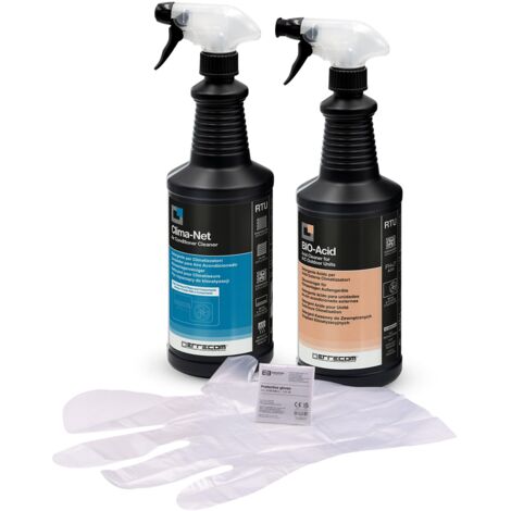 ERRECOM Kit Pulizia climatizzatori, Include Clima-Net 1L per Pulizia unità Interna e filtri, Bio Acid 1L detergente Acido con tensioattivi biodegradabili per Pulizia unità Esterna, Guanti