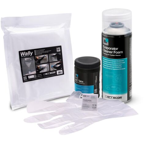 ERRECOM Kit pulizia climatizzatori, include Evaporator Cleaner Foam Pulitore schiumoso climatizzatori, cover protettiva Wally, A/C Tabs 40 pastiglie per climatizzatore ad azione prolungata, guanti