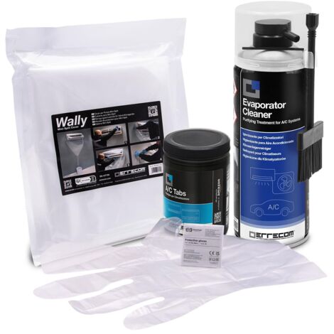 ERRECOM Kit pulizia climatizzatori, include Evaporator Cleaner PRO pulitore climatizzatore+pennello setole dure, cover protettiva Wally, A/C Tabs 40 pastiglie climatizzatore azione prolungata, guanti