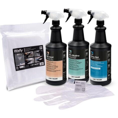 Errecom Kit pulizia completa climatizzatori, include Clima-Net 1L e cover Wally per pulizia unità interna e filtri, Bio Acid e Bio Alkaline 2L detergenti biodegradabili pulizia unità esterna, guanti