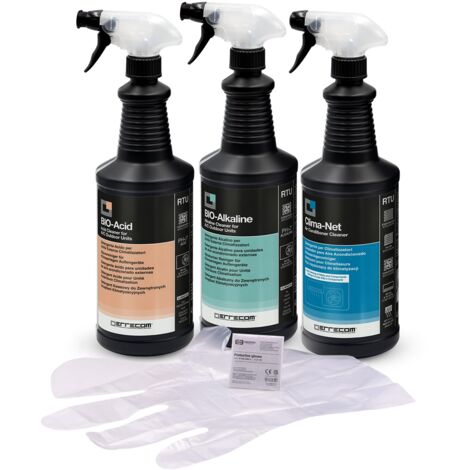 Errecom Kit pulizia completa climatizzatori, include Clima-Net 1L per pulizia unità interna e filtri, Bio Acid 1L e Bio Alkaline 1L con tensioattivi biodegradabili per pulizia unità esterna, guanti