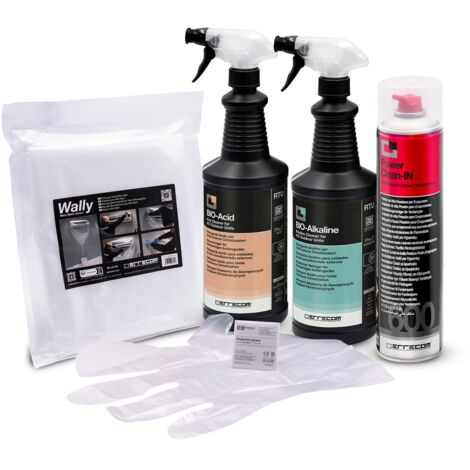 Errecom Kit pulizia completa climatizzatori, include cover protettiva Wally e aerosol 600mL pulizia unità interna, Bio Acid e Bio Alkaline 2L con tensioattivi bio pulizia unità esterna, guanti