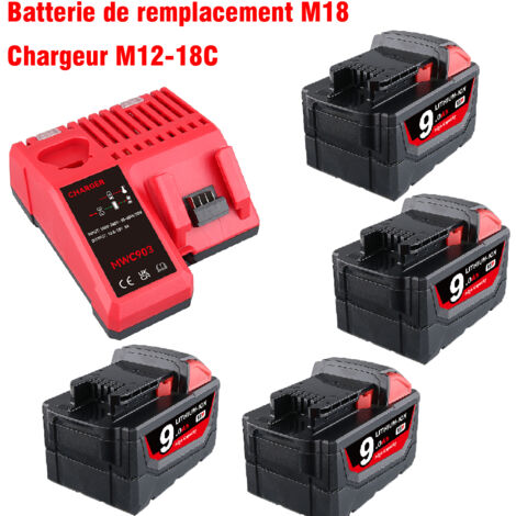 Ersatz Milwaukee M18 4x9.0Ah Ersatzakku und Ladegerät-Set, kompatibel mit Milwaukee M18 Akku-Elektrowerkzeugen, 18V Lithium-Akku 48-11-1850 48-11-1840 48-11-1860