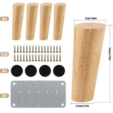 Ersatz-Möbelbeine aus Holz, 12 cm, 4er-Set inklusive Montageplatte, Schrauben und Antirutschpads, Möbelbeine aus Holz, Sofabeine aus Holz für Bett und Stuhl
