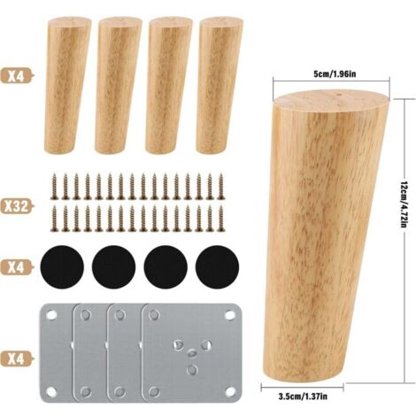 Ersatz-Möbelbeine aus Holz, 12 cm, 4er-Set mit Montageplatte, Schrauben und Antirutschpads, Möbelbeine aus Holz, Sofabeine aus Holz für Betten und Stühle