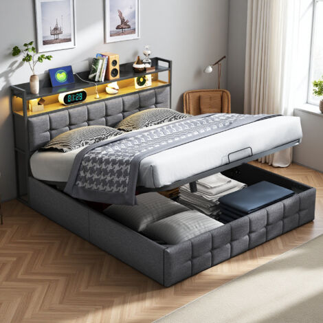 Erwachsenenbett 140 x 190 cm – Leinenstoff – LED und USB – hydraulisch – Lattenrost – Bett 140 x 190 cm – Grau