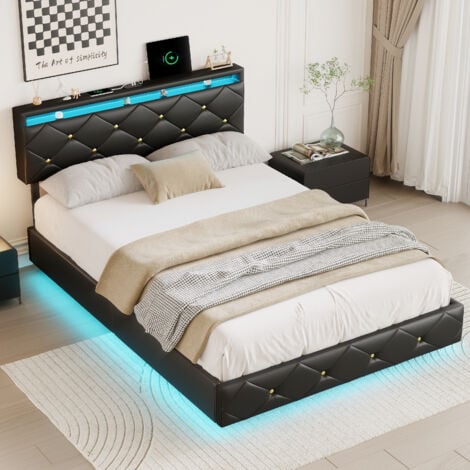 TANANT Erwachsenenbett 160x200 cm, Doppelbett mit Lattenrost, Kopfteil mit Diamant-Dekor, mit LED-Beleuchtung, USB-Aufladung, Stauraum, Design, Kunstleder, Schwarz