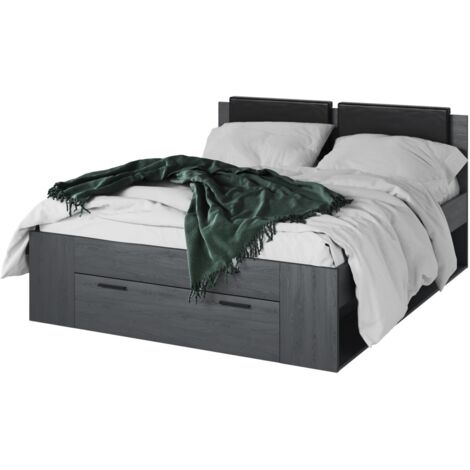 Erwachsenenbett 160x200 mit Lattenrost und integrierten Schubladen - Kollektion FLOYD. Farbe: Grau in Holzoptik.