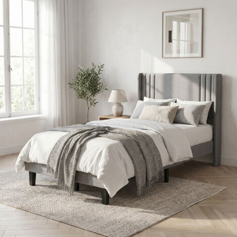Erwachsenenbett 90x200 mit geräuschlosem Lattenrost, Bettgestell aus Metall und Holz, Leinenstoff, modernes skandinavisches Design, Grau