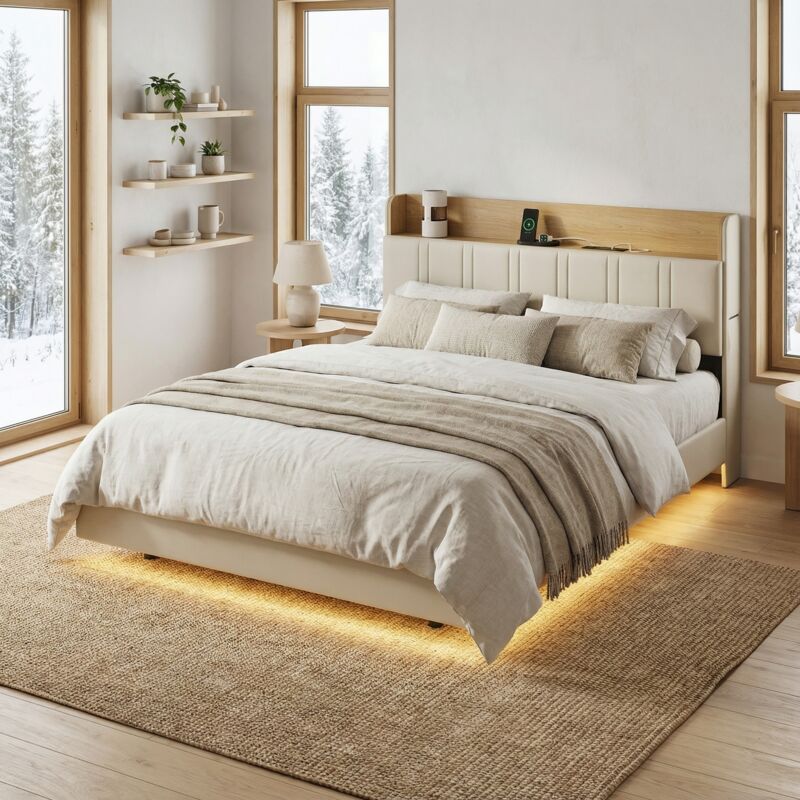 Lonelyo Erwachsenenbett 160x200, Schwebebett, Doppelbett Mit Led-beleuchtung, Kopfteil Mit Stauraum Und Usb/type-c Anschlüssen, Modernes Design, Weiß