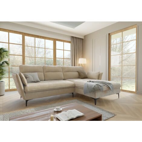 Erwin - Ecksofa mit Schlaffunktion und Bettkasten aus Beige Samt-Stoff mit hohen schwarzen Metallfüßen