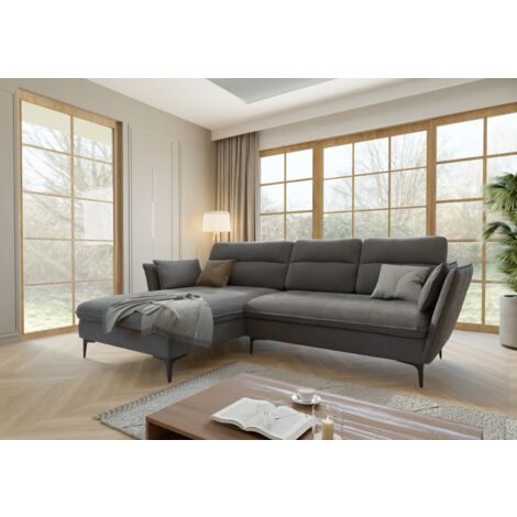 Erwin - Ecksofa mit Schlaffunktion und Bettkasten aus Grau Samt-Stoff mit hohen schwarzen Metallfüßen