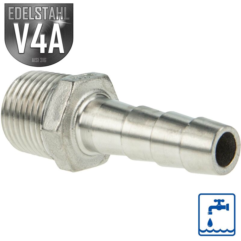 Es Schlauchnippel/Schlauchstutzen Edelstahl V4A (aisi 316), ag 1 1/2 Zoll x 40 mm