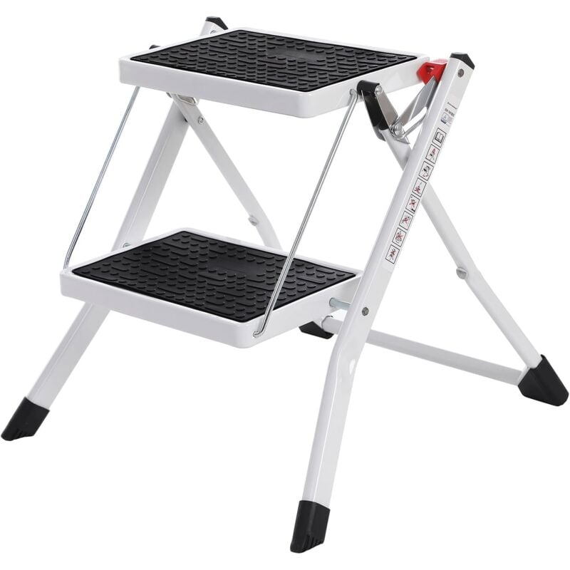 Escabeau à 2 Marches, Marche-Pieds Pliable, Largeur de Marche 20 cm, Caoutchouc Antidérapant, avec Poignée, Charge 150 kg, en Acier, avec Certificat