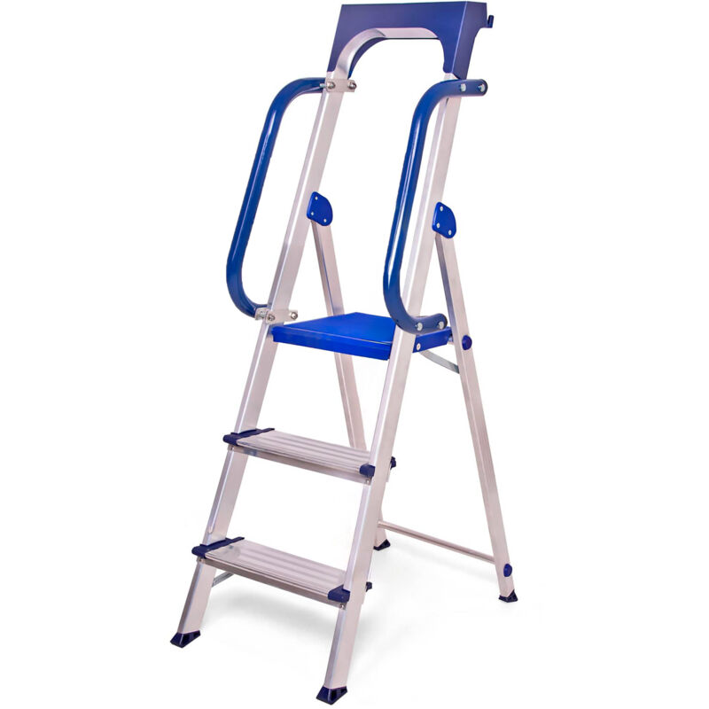 Escabeau 3 marches Secure pro, aluminium renforcé, sécurisé avec rampes, tablette porte-outils, hauteur plateforme 66cm, charge 150kg Hostrom