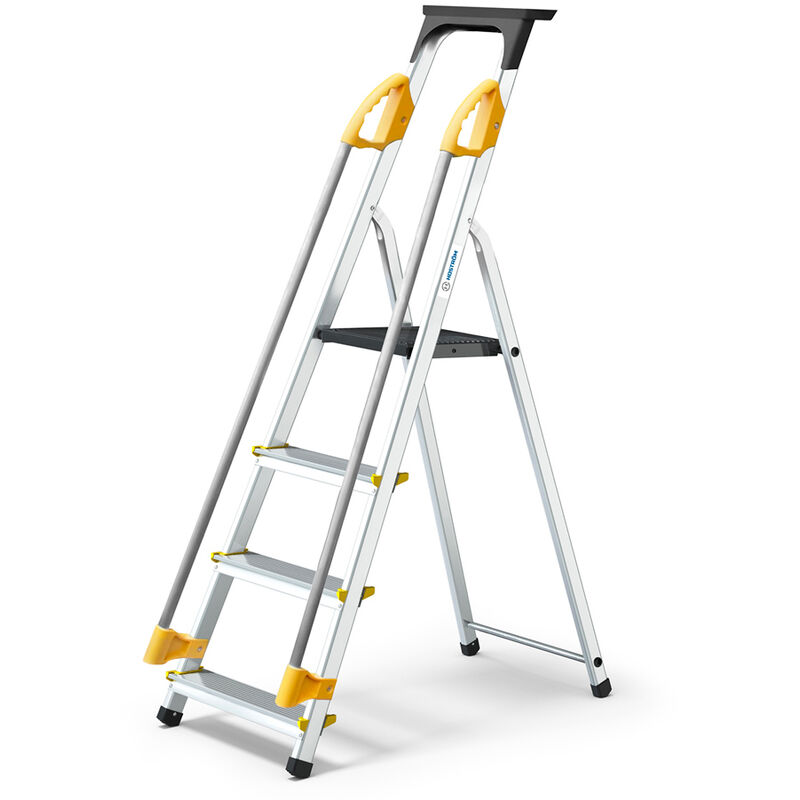 Escabeau 4 marches DURAMP sécurisé avec rampes, tablette porte-outils, marchepied pliable aluminium, hauteur plateforme 75cm, garantie 5 ans Hoström