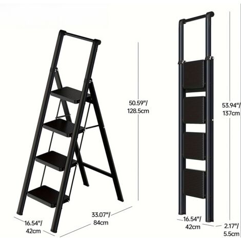 Escabeau 4 marches pliable adulte,pédales larges ergonomiques et pieds antidérapants. Modèle léger en acier pour usage quotidien.