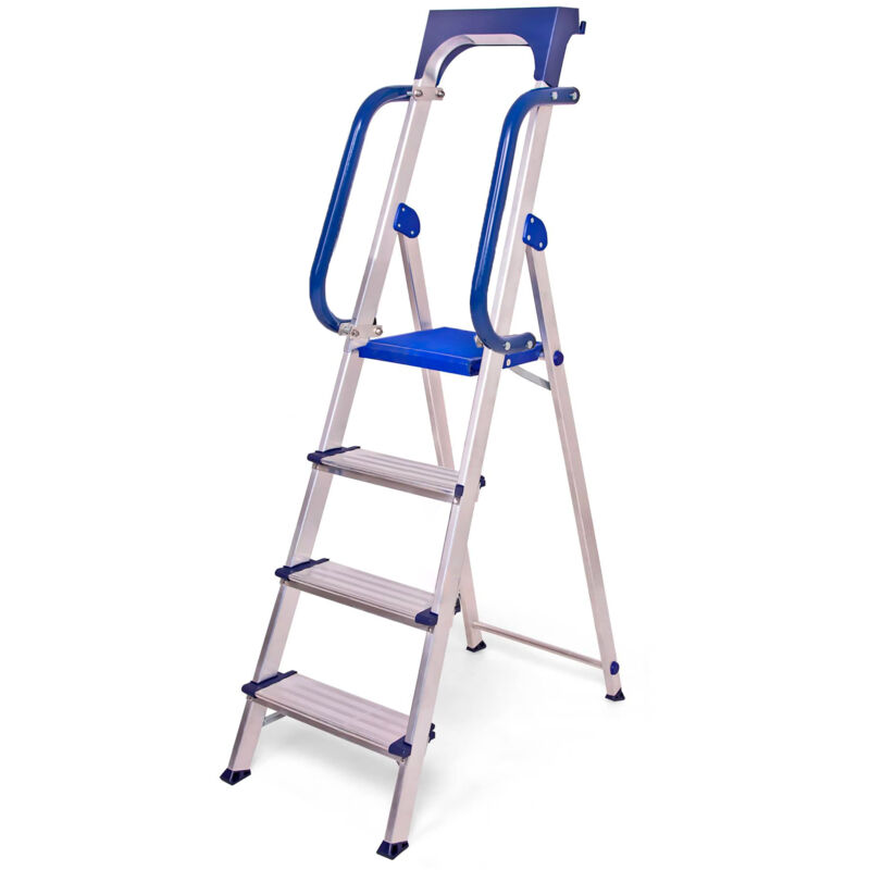 Escabeau 4 marches Secure pro, aluminium renforcé, sécurisé avec rampes, tablette porte-outils, hauteur plateforme 89cm, charge 150kg Hostrom