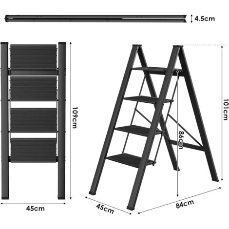 Escabeau 4 Marches,Marchepied Pliable aluminium,Capacité 150 kg,marches antidérapantes- Noir