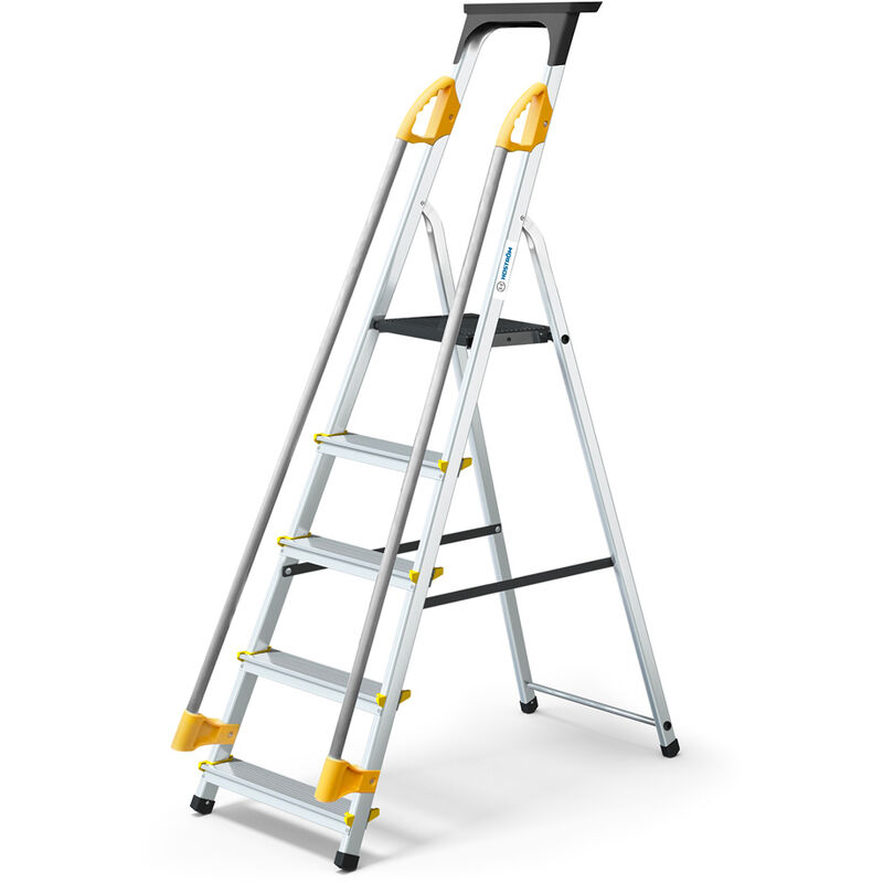 Escabeau 5 marches duramp sécurisé avec rampes, tablette porte-outils, marchepied pliable aluminium, hauteur plateforme 97cm, garantie 5 ans Hoström
