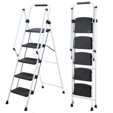 Escabeau 5 Marches Pliable en Acier, Échelle Domestique avec Marches Larges Antidérapantes et Poignée, Capacité 150 kg, Blanc, pour Maison, Cuisine et Garage