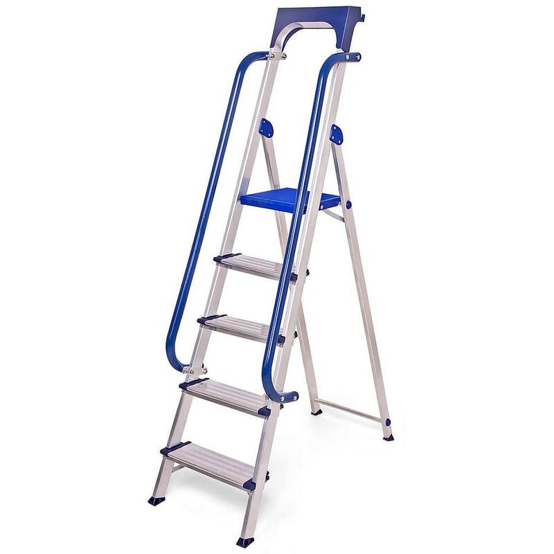 Escabeau 5 marches Secure pro, aluminium renforcé, sécurisé avec rampes, tablette porte-outils, hauteur plateforme 112cm, charge 150kg Hostrom