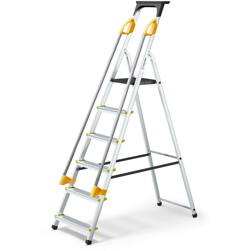 Escabeau 6 marches duramp sécurisé avec rampes, tablette porte-outils, marchepied pliable aluminium, hauteur plateforme 119cm, garantie 5 ans Hoström