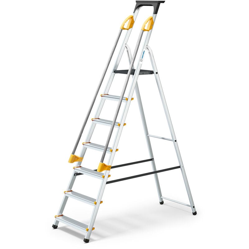 Escabeau 7 marches duramp sécurisé avec rampes, tablette porte-outils, marchepied pliable aluminium, hauteur plateforme 140cm, garantie 5 ans Hoström