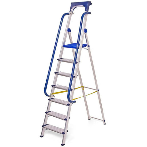 Escabeau 7 marches Secure robuste, aluminium renforcé, rampes sécurité, tablette porte-outils amovible, hauteur plateforme 158cm, charge 150kg Hostrom