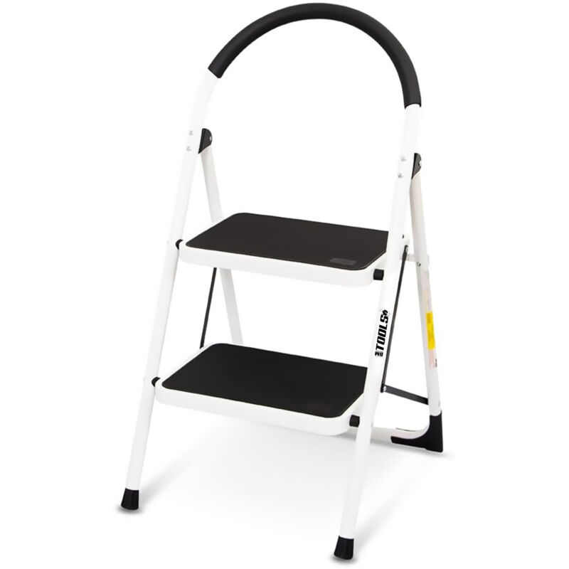 Escabeau à 2 marches Bm Tools BMT-ESC2-ACIER, Haut. de travail : 47 cm, se range facilement, Marches et Poignées anti-dérapantes
