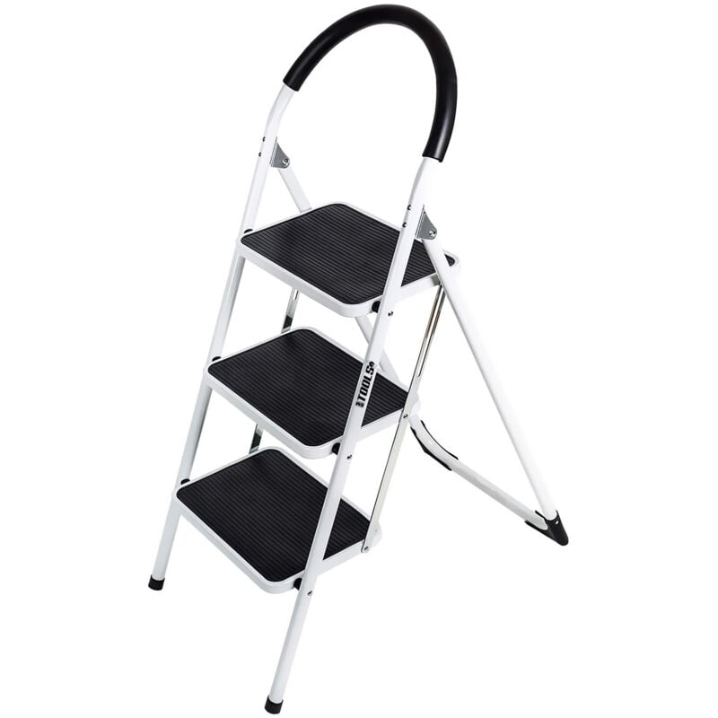 Escabeau à 3 marches Bm Tools BMT-ESC3-ACIER, Haut. de travail : 69 cm, se range facilement, Marches et Poignées anti-dérapantes